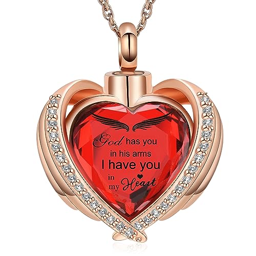 shajwo Angel Wing Heart Urn Ashes Necklace for Women Men | Cremation Jewelry,Birthstone Necklace of Loved One,Memorial Pendant for Human Pet - color: Rose Gold-Red