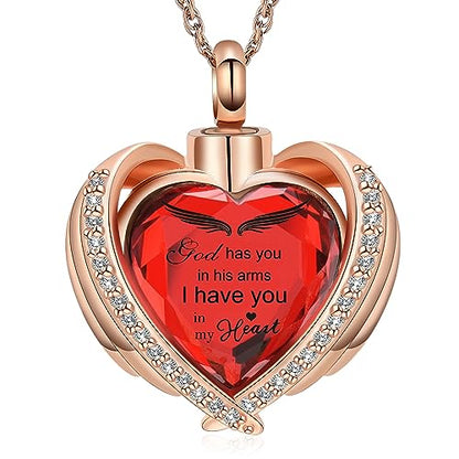 shajwo Angel Wing Heart Urn Ashes Necklace for Women Men | Cremation Jewelry,Birthstone Necklace of Loved One,Memorial Pendant for Human Pet - color: Rose Gold-Red