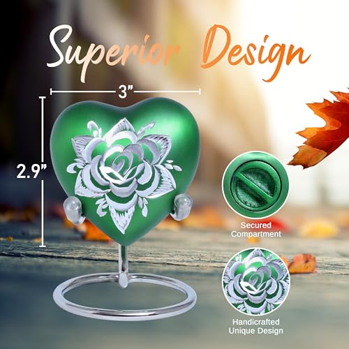 Rose Heart Keepsake Urn for Human Ashes Floral Mini Memorial Urn with Stand & Velvet Gift Box (Green) - color: Green