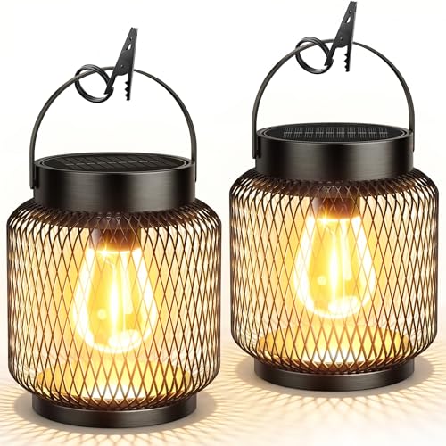 KOOPER Metal Solar Lanterns Outdoor Waterproof, 2 Pack Brighter Hanging Solar Lights for Outside, Up to 15 Hours Modern Hanging Solar Powered Lanterns Lights for Yard Patio Path Tree Garden Decorative - style: 2 Pack