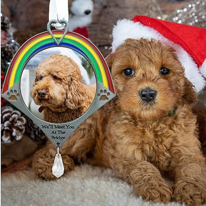 Rainbow Bridge Dog Memorial Ornament with Photo Frame – Pet Remembrance Christmas Ornament – Sympathy Gift for Loss of Dog – Holds Cherished Picture – Gift Bag Included – 4.25" H x 3.25" W - size: 1
