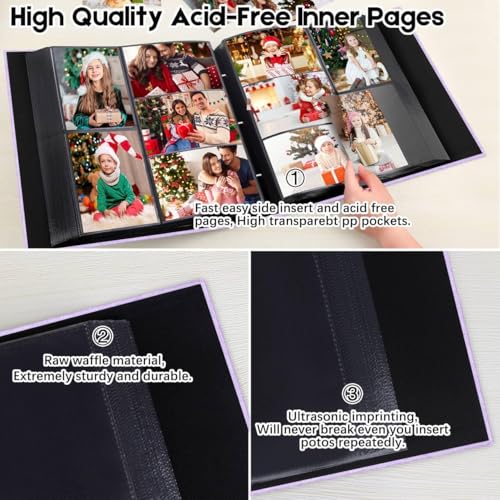 Aevdor Large Capacity 4x6 Photo Album, 1000 Photos, Linen Cover, Purple | Black Inner Pages, 3 Horizontal and 2 Vertical Pockets per Side, Front Photo Window, Family, Wedding & Travel Memories - color: Purple