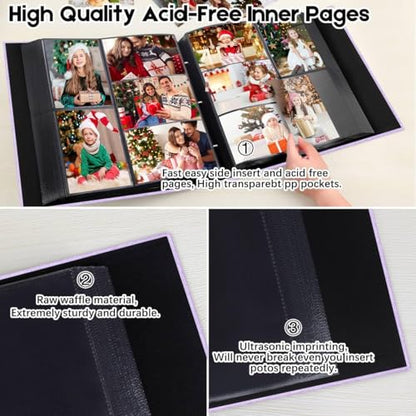 Aevdor Large Capacity 4x6 Photo Album, 1000 Photos, Linen Cover, Purple | Black Inner Pages, 3 Horizontal and 2 Vertical Pockets per Side, Front Photo Window, Family, Wedding & Travel Memories - color: Purple
