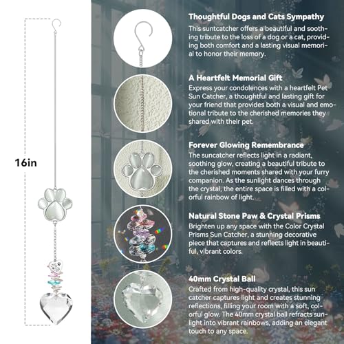 Dog Memorial Gifts, Pet Memorial Suncatcher, Loss of Dog Sympathy Gift | Thoughtful Dogs and Cats Bereavement Remembrance Gifts, Natural Cat's Eye Stone Paw Crystal Suncatcher - color: Silver Gray