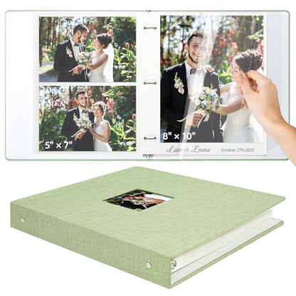 Vienrose Self Adhesive Photo Album 3 Ring Binder 80 Pages Light Green | Linen Cover, Scrapbook Album, Sticky Pages, 2x3 4x6 5x7 8x10 Photos - color: Light Green, size: 40 Sheets/80 Pages
