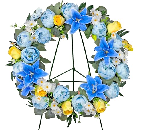 Artificial Cemetery Wreath for Grave, 24" Blue Memorial FWreath with 30" Easeal Stand, Peony Lily Rose Daisy for Gravesites Decoration