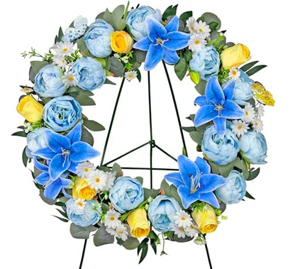 Artificial Cemetery Wreath for Grave, 24" Blue Memorial FWreath with 30" Easeal Stand, Peony Lily Rose Daisy for Gravesites Decoration