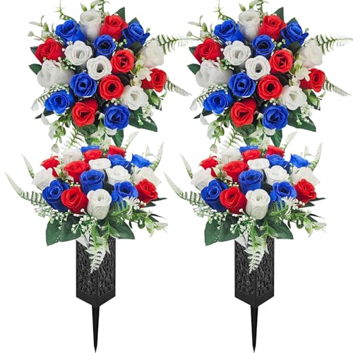 Mirevielyn 2-Pack 18 Stems Artificial Rose Cemetery Flowers with Vases | Artificial roses, fade-resistant, stain-resistant material, outdoor memorial decor, headstone display, gravesite arrangement - color: Red & Blue & White