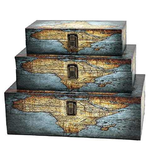Jolitac Wood Storage Box Set of 3, Vintage Decorative Nesting Boxes Wooden Treasure Storage Crates With Latch, Home Decor Rustic Antique Boxes With Lid for Photos, Jewelry, Cash (Rectangle- Map) - color: Rectangle- Map