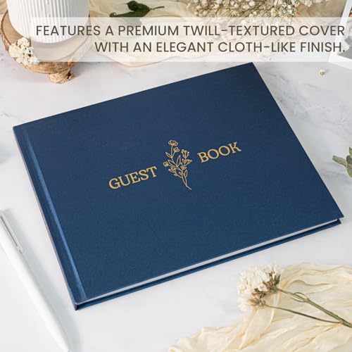 Wedding Guest Book, Polaroid Photo Guestbook for Baby Shower, 9x7.5" | Table Sign Included, Gold Stamping, Twill-Textured Hardcover, Perfect For Bridal Party & Baby Shower, Navy - color: Flower-navy