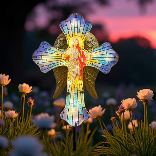 Solar Jesus Cross for Gemetery Graver,Golden Angel Wings Outdoor Yard Decor | Metal Cross Cemetery Decorations for Grave,Sympathy Memorial Gifts,Christmas Outdoor Garden Stakes - color: Jesus