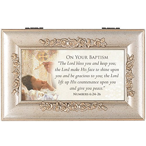 Cottage Garden Your Baptism Silvertone Embossed Floral Jewelry Music Box Plays Amazing Grace