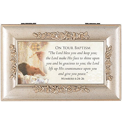 Cottage Garden Your Baptism Silvertone Embossed Floral Jewelry Music Box Plays Amazing Grace