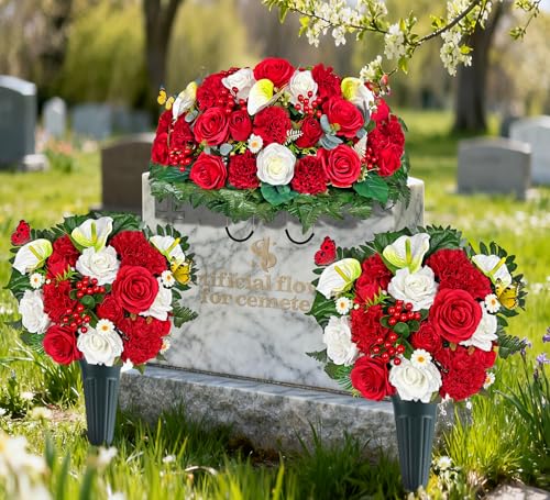 Artificial Cemetery Flower with Vases for Grave Decoration, 3PC,Red Rose Carnation，Headstone Flower Saddle (Vases Included)