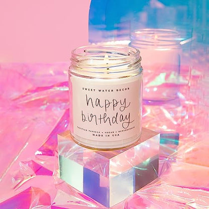 Sweet Water Decor Happy Birthday Soy Candle - Vanilla Sugar & Buttercream Sweet Scented Happy Birthday Candle Gift for Mom, Friends & Girls - 40 Hour Burn Time - 9oz - Non Toxic - style: Happy Birthday