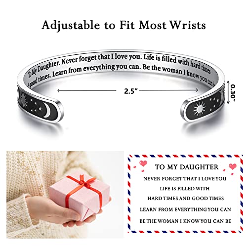 TONY & SANDY Inspirational Bracelets for Women Teen Girls Personalized Gifts for Daughter Granddaughter Mom Sister Friends Stainless Steel Engraved Cuff Birthday Easter Christmas - style: A - Daughter Gifts - Sun & Moon - Never forget that I love you...