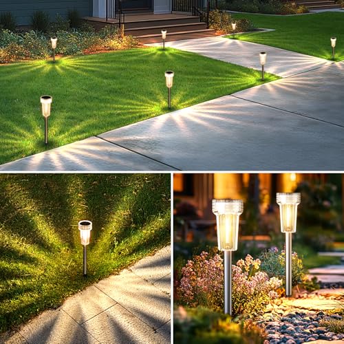 Mancra Solar Lights Outdoor Waterproof, 8 Pack Stainless Steel Tungsten Bulb Solar Pathway Lights Waterproof Garden Decor for Path Yard Lawn Walkway Driveway