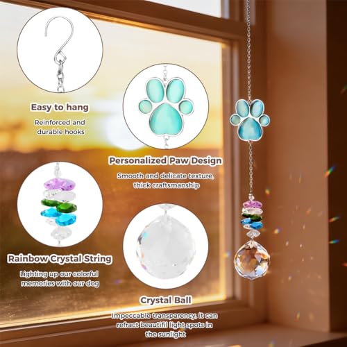 Pet Memorial Suncatcher, Dog Memorial Gifts for Loss of Dog, Sympathy Keepsake for Pet Loss with Stainless Steel Keychain, Cat's Eye Paw Crystal Hanging Ornament