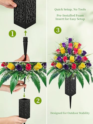 Mirevielyn 24-Stem Artificial Rose Cemetery Flowers with Spiked Vases - color: Red, Yellow & Purple