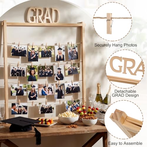 Cinnvoice Graduation Wooden Photo Display Board 30.4 x 26.5 Inch Grad Pictures Display Frame with 24 Clips Large Pictures Board for Graduation Party Hanging Photos Postcards Greeting Cards