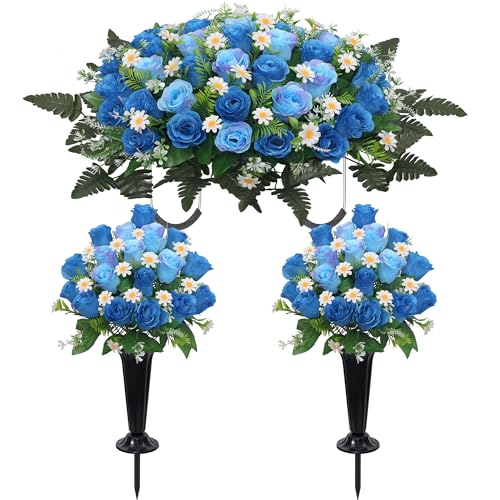 Wocst Headstone Flower Saddle,Large Artificial Cemetery Flowers for Grave 2Pack Artificial Silk Roses Daisy Bouquets with Cemetery Vases for Outdoor Grave Decorations (Blue) - color: Blue