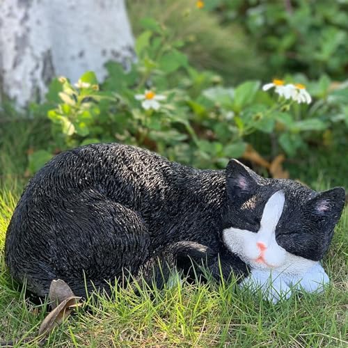 11.4 inch Cat Statue Outdoor Cat Figurines Garden Decor, Tuxedo Cats Black Tabby Statue Figurine Decor Sculpture for Patio, Yard, Sleeping Tabby Statues for Indoor Table Accessory, Gift for Mom - color: C-sleeping Cat