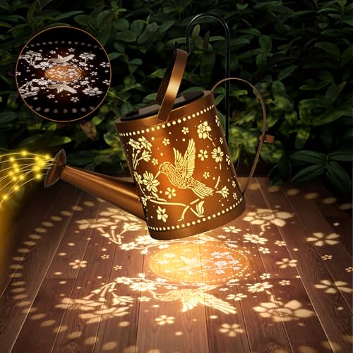 Hummingbird Outdoor Hanging Solar Lantern Waterproof Metal Openwork Hummingbird Watering Can Landscape Lights with Shepherd Hook for Porch Lawn Driveway Backyard Pathway Gifts for Women Mom Grandma - style: Hummingbird Watering Can