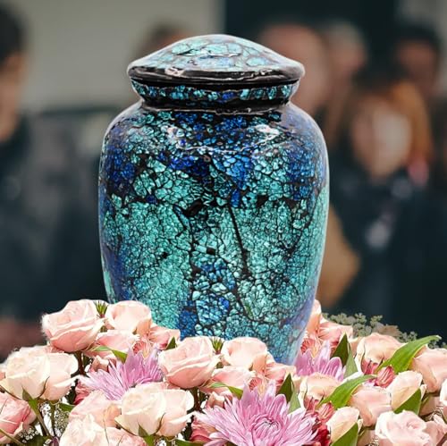 Mosaic Glass Cremation Urn - Hand Made Funeral Urn for Human Ashes - Large Adult Size - Burial - Hand Applied Individual Tiles Create a one of a Kind Work of Art - 200 cu in (Blue Reef) - color: Blue Reef
