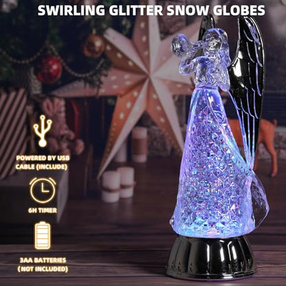 12" Angel Snow Globe Christmas Decor Light up Angel Figurines with 6 Hour Timer USB/Battery Operated Snowglobes with Silver Angels Wings
