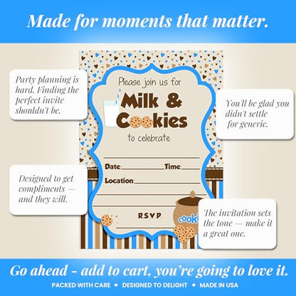Milk and Cookies Birthday Party 20 Invitations 5"x7" Double-Sided Fill-In Cards with Envelopes, Kids Party Stationery Set, Cute Milk & Cookie Jar Theme for Boys, Made in USA by Amanda Creation - color: Milk and Cookies