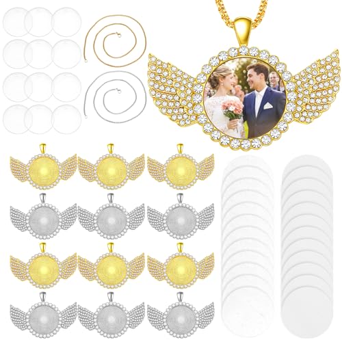 60 Pcs Sublimation Memorial Necklace with Picture Metal Chain | Including Rhinestone Angel Wings Bezel Pendant Trays, Gold Silver, 12 Sublimation Discs, for DIY Craft, Keepsake