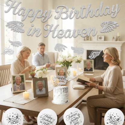 Happy Birthday in Heaven Decorations, Silver Glitter Heavensent Banner Set | Pre-strung Banners, Angel Wings Hanging Swirls Cake Topper White Balloons, Funeral Remembrance Heavenly Party Supplies - color: Silver