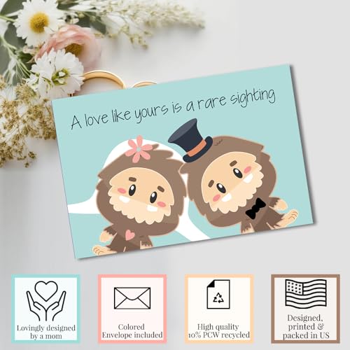 Funny Wedding Card for Newlyweds – Rare Sighting Silly Big Foot Themed Greeting for Bride and Groom Wedding Day- Congratulations to the Happy Couple 4X6 inch Card with Silver Envelope Included - style: Bigfoot