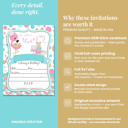 Flamazing Pink Aqua & Gold Glitter Polka Dot Flamingo Birthday Party Invitations for Girls, 20 5x7 Fill In Cards with Twenty White Envelopes by AmandaCreation - style: Flamazing Pink Aqua & Gold Glitte