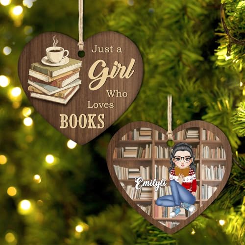 Just A Girl Who Loves Books Ornaments Custom Name Portrait Heart Library Bookshelf Club Christmas Tree Hanging Ornaments Personalized Book Lovers Worm Gift for Women Girl - color: Style A1