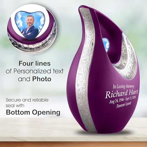 Personalized Photo & Text Purple Teardrop Cremation Urns for Adult Ashes Male Female - 220 Lbs Burial Urns for Human Ashes - Handcrafted Funeral Decorative Urn for Adult with Velvet Bag - size: 220 Lbs Adult Urn