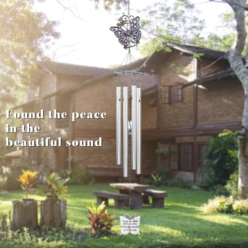 Outdoors Butterfly Wind Chimes Sympathy Memorial for Loss of Loved One - Soothing Melodic Tones Aluminum Chime Great as a Gift for Your Patio Porch Garden and Backyard (22.2" Silvery) - size: 22.2" Silvery Butterfly Ornament