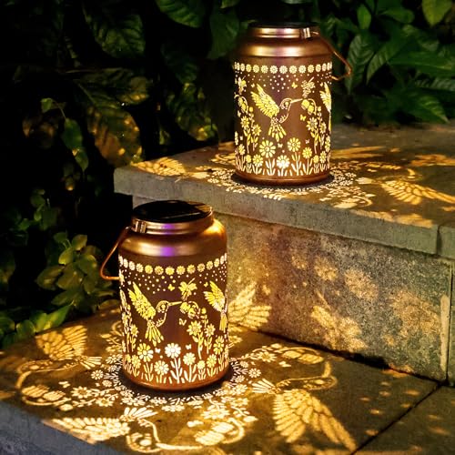 2Pack Hummingbird Solar Lanterns Outdoor Waterproof Lantern Garden Decor Gifts for Women Mom Grandma Hanging Solar Lights Metal Decoration Outside for Yard, Patio,Porch,Tabletop,Pathway - style: F.2pack New hummingbird