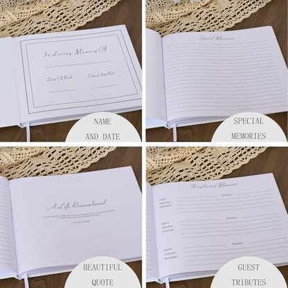 Funeral Guest Book for Memorial Service with Gold Pen and Table Sign Card
