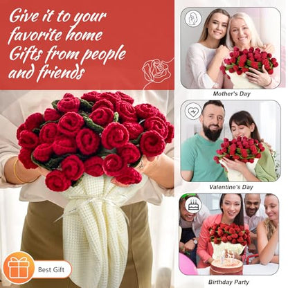 Premium Crochet Flower Bouquet Blanket Rose Red Birthday Gifts for Women | Unique Gifts for Mom Wife Grandma Girlfriend Handmade Knitted Throw Blanket, Get Well Gifts for Women After Surgery, 51in - color: Red Rose