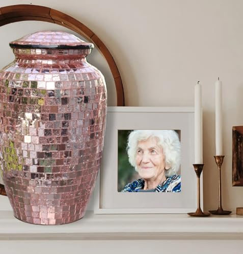 Mosaic Glass Cremation Urn - Hand Made Funeral Urn for Human Ashes - Large Adult Size Burial Urn - Hand Applied Individual Tiles Create a one of a Kind Work of Art - 200 cu in (Pink Mirrored) - color: Pink Mirrored