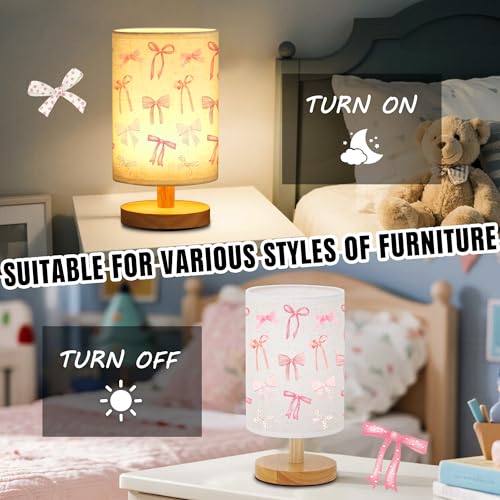 WSYEAR Daughter Gifts Bow Kids Table Lamp for Bedroom Kids Bedside Lamp with Linen Wooden Nightstand Cartoon Nursery Lampshade for Girls Living Room - color: Bow