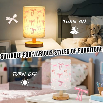 WSYEAR Daughter Gifts Bow Kids Table Lamp for Bedroom Kids Bedside Lamp with Linen Wooden Nightstand Cartoon Nursery Lampshade for Girls Living Room - color: Bow