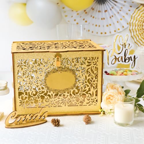 OurWarm Glittery Gold Wedding Card Box with Lock, Wood Gift Card Box for Wedding Reception, Envelope Box for Party Graduation Birthday Baby Shower Decorations - style: Glittery Gold
