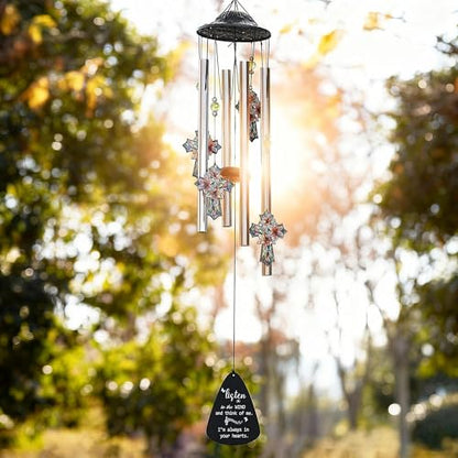 YU FENG Cross Memorial Wind Chime, Lily Flower Crystal Suncatcher | 34 Inch Outdoor Metal Chime, Religious Sympathy Gift, Remembrance Decor For Loss Of Loved One, Garden Patio Hanging - style: Faith Series – Cross – 34 Inch