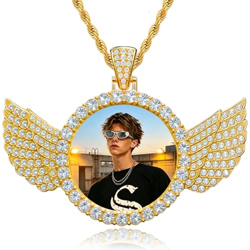 Custom Circle Chain with Picture Custom Circle Pendant Necklace - color: Wings-Gold-009