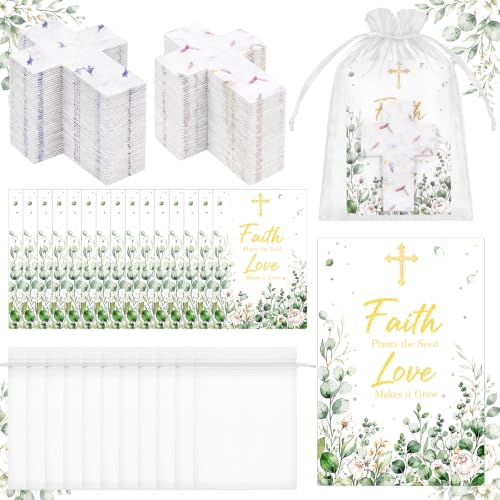 Crtiin 50 Sets Christian Favors Cross Shaped Wildflower Petal Seed Paper with Faith Plant The Seed Love Make It Grow Cards and Organza Bags for Religious Baptism Funeral Celebration of Life Gift - style: Cross Shaped