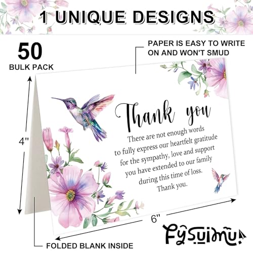 FYSUIMU 50Pcs Funeral Thank You Cards Boxed Purple Floral Hummingbird Sympathy Card with Envelope Sticker Bereavement Cards for Memorial Service Loved Ones Celebration of Life - style: Hummingbird