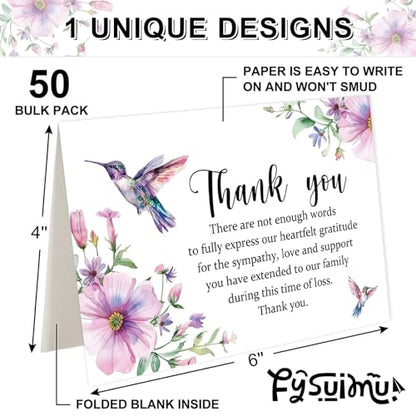 FYSUIMU 50Pcs Funeral Thank You Cards Boxed Purple Floral Hummingbird Sympathy Card with Envelope Sticker Bereavement Cards for Memorial Service Loved Ones Celebration of Life - style: Hummingbird