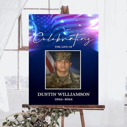 Personalized Veteran Memorial Poster, In Loving Memory Welcome Sign, Celebration Of Life Veteran, American Flag Funeral Welcome Sign, Military Funeral Poster Photo Sign #9 - color: Design 09